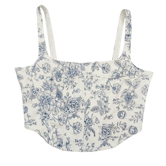 Christian Lacroix Crop Corset Top Womens Small White Blue Floral Square Neck - Picture 1 of 11